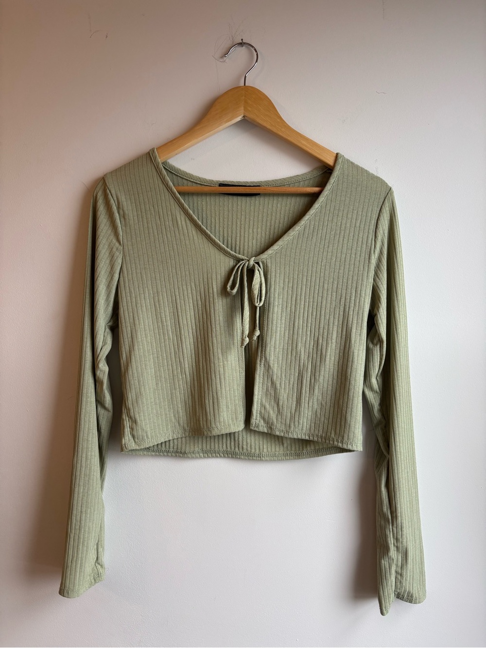 Ribbed Tie-Front Long Sleeve Crop Top - Light Sage